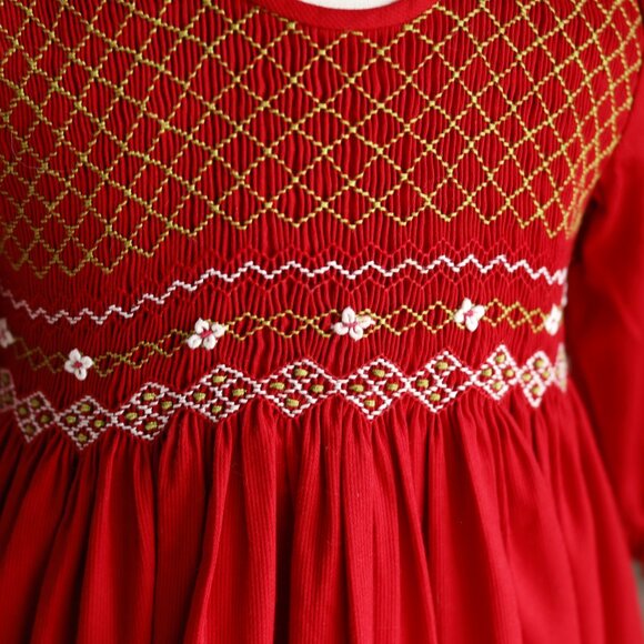 Red Smocked Dress Long Sleeve Green & White Embroidery 100% Cotton Bedford Cord - Picture 2 of 6